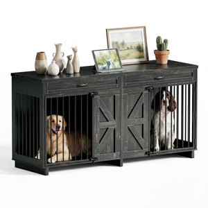 English Elm Dog Kennel TV Stand with Barn Door Entry Rustic Wood Furniture for Large Breeds W1687S00005