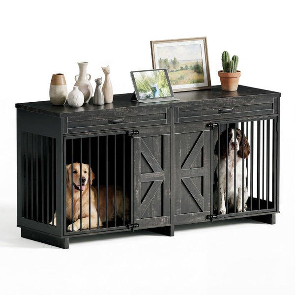 English Elm Dog Kennel TV Stand with Barn Door Entry Rustic Wood Furniture for Large Breeds W1687S00005