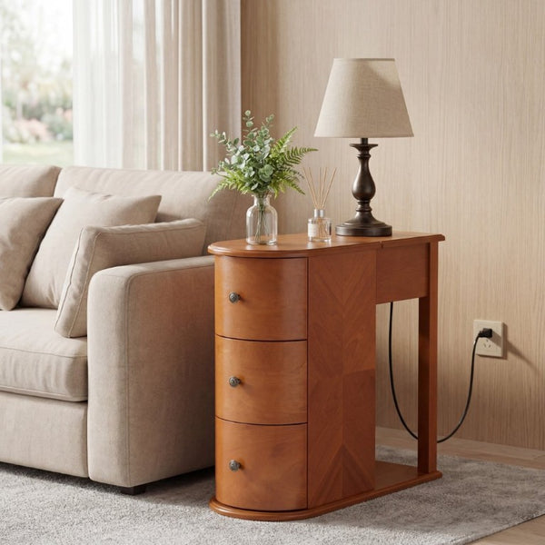 English Elm Modern Nightstand with Charging Station Pull Out Tray and Dual Cup Holder Storage Walnut W1693P498124