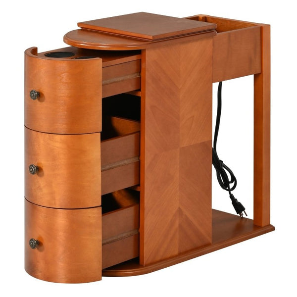English Elm Modern Nightstand with Charging Station Pull Out Tray and Dual Cup Holder Storage Walnut W1693P498124
