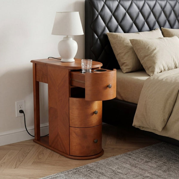 English Elm Modern Nightstand with Charging Station Pull Out Tray and Dual Cup Holder Storage Walnut W1693P498124