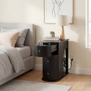 English Elm Modern Nightstand with Charging Station Pull Out Tray and Dual Cup Holder Storage Black W1693P498126