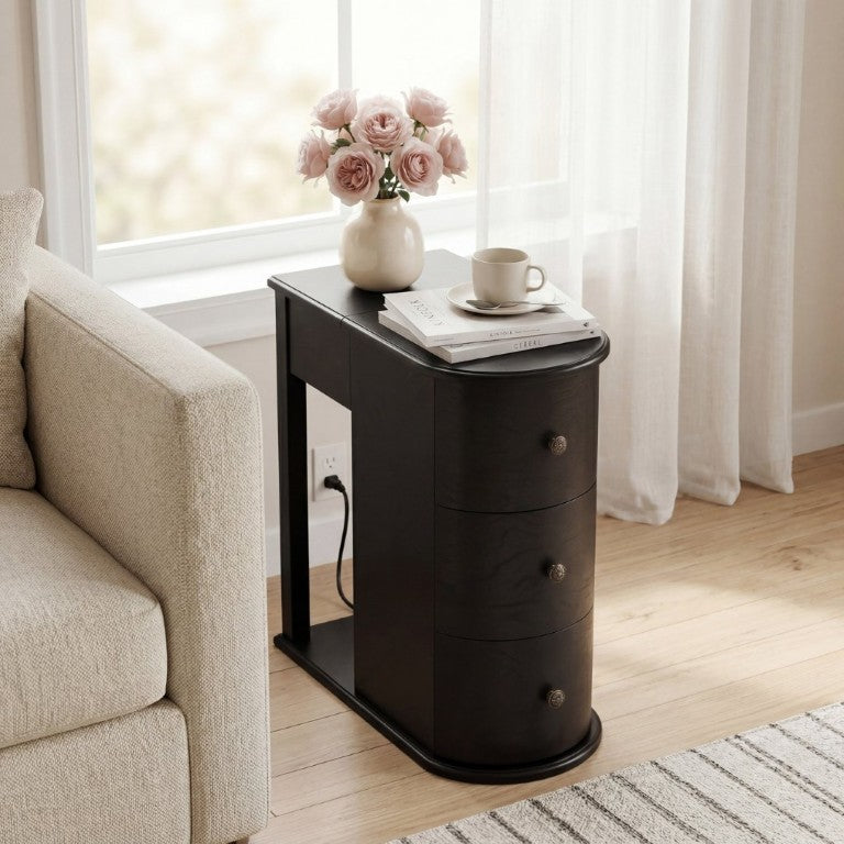 English Elm Modern Nightstand with Charging Station Pull Out Tray and Dual Cup Holder Storage Black W1693P498126