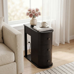 English Elm Modern Nightstand with Charging Station Pull Out Tray and Dual Cup Holder Storage Black W1693P498126