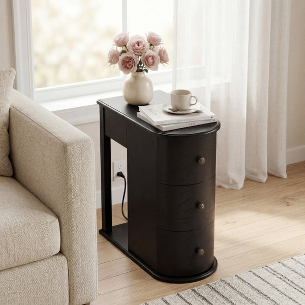 English Elm Modern Nightstand with Charging Station Pull Out Tray and Dual Cup Holder Storage Black W1693P498126