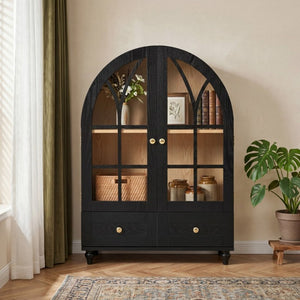 English Elm Arched Tempered Glass Display Cabinet Natural Wood Grain Finish with Drawer for Living Room Black W1693P501765