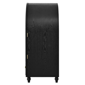 English Elm Arched Tempered Glass Display Cabinet Natural Wood Grain Finish with Drawer for Living Room Black W1693P501765