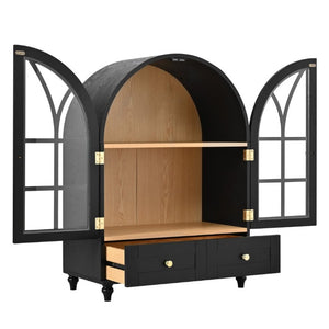 English Elm Arched Tempered Glass Display Cabinet Natural Wood Grain Finish with Drawer for Living Room Black W1693P501765