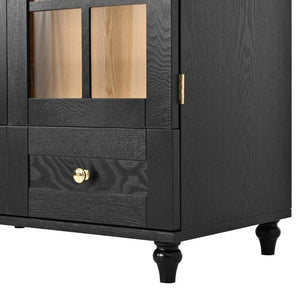 English Elm Arched Tempered Glass Display Cabinet Natural Wood Grain Finish with Drawer for Living Room Black W1693P501765
