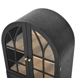 English Elm Arched Tempered Glass Display Cabinet Natural Wood Grain Finish with Drawer for Living Room Black W1693P501765