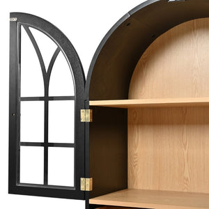 English Elm Arched Tempered Glass Display Cabinet Natural Wood Grain Finish with Drawer for Living Room Black W1693P501765