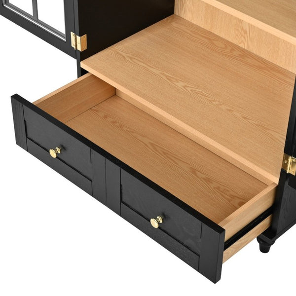English Elm Arched Tempered Glass Display Cabinet Natural Wood Grain Finish with Drawer for Living Room Black W1693P501765