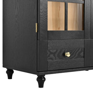 English Elm Arched Tempered Glass Display Cabinet Natural Wood Grain Finish with Drawer for Living Room Black W1693P501765