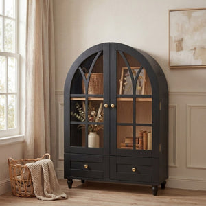 English Elm Arched Tempered Glass Display Cabinet Natural Wood Grain Finish with Drawer for Living Room Black W1693P501765