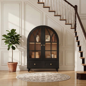 English Elm Arched Tempered Glass Display Cabinet Natural Wood Grain Finish with Drawer for Living Room Black W1693P501765