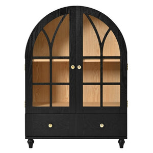 English Elm Arched Tempered Glass Display Cabinet Natural Wood Grain Finish with Drawer for Living Room Black W1693P501765