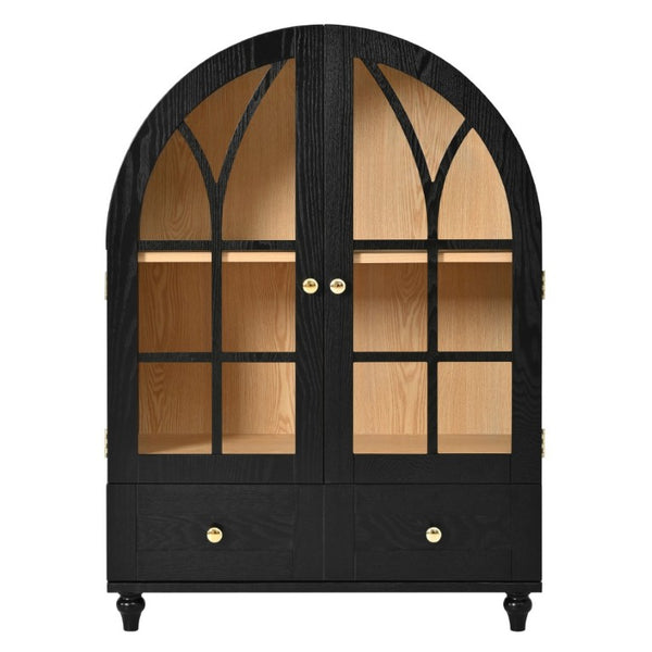 English Elm Arched Tempered Glass Display Cabinet Natural Wood Grain Finish with Drawer for Living Room Black W1693P501765