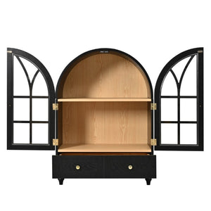 English Elm Arched Tempered Glass Display Cabinet Natural Wood Grain Finish with Drawer for Living Room Black W1693P501765
