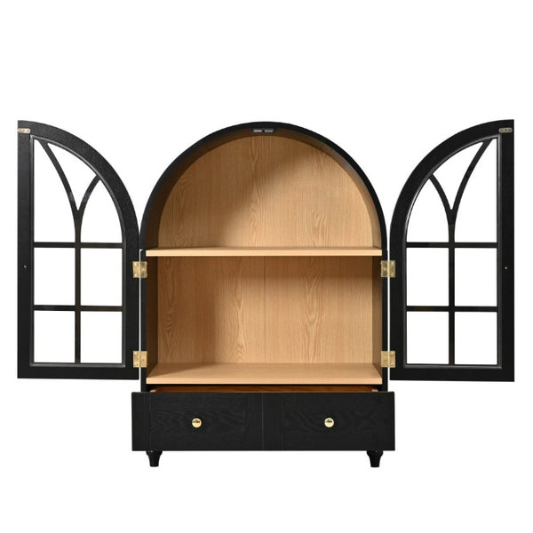English Elm Arched Tempered Glass Display Cabinet Natural Wood Grain Finish with Drawer for Living Room Black W1693P501765