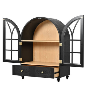 English Elm Arched Tempered Glass Display Cabinet Natural Wood Grain Finish with Drawer for Living Room Black W1693P501765