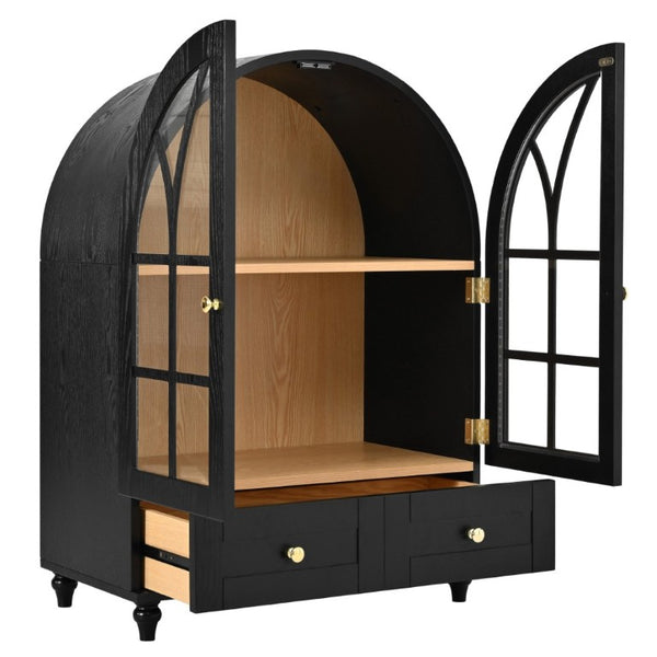 English Elm Arched Tempered Glass Display Cabinet Natural Wood Grain Finish with Drawer for Living Room Black W1693P501765