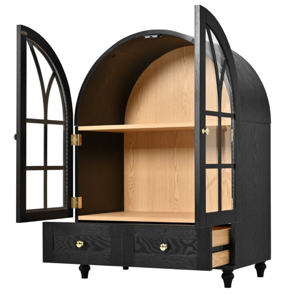 English Elm Arched Tempered Glass Display Cabinet Natural Wood Grain Finish with Drawer for Living Room Black W1693P501765