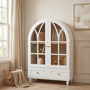 English Elm Arched Tempered Glass Display Cabinet Natural Wood Grain Finish with Drawer for Living Room White W1693P501766