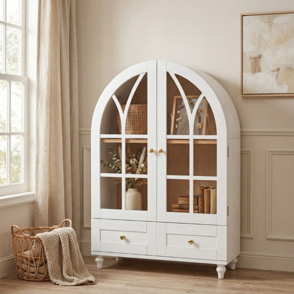 English Elm Arched Tempered Glass Display Cabinet Natural Wood Grain Finish with Drawer for Living Room White W1693P501766