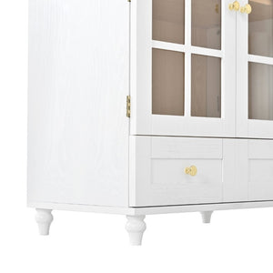 English Elm Arched Tempered Glass Display Cabinet Natural Wood Grain Finish with Drawer for Living Room White W1693P501766