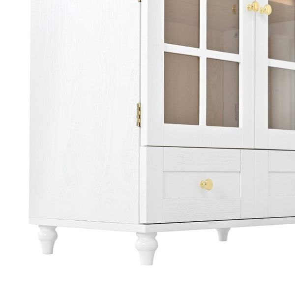 English Elm Arched Tempered Glass Display Cabinet Natural Wood Grain Finish with Drawer for Living Room White W1693P501766