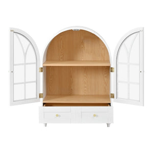 English Elm Arched Tempered Glass Display Cabinet Natural Wood Grain Finish with Drawer for Living Room White W1693P501766