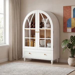 English Elm Arched Tempered Glass Display Cabinet Natural Wood Grain Finish with Drawer for Living Room White W1693P501766