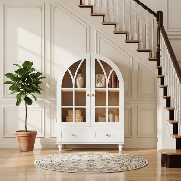 English Elm Arched Tempered Glass Display Cabinet Natural Wood Grain Finish with Drawer for Living Room White W1693P501766