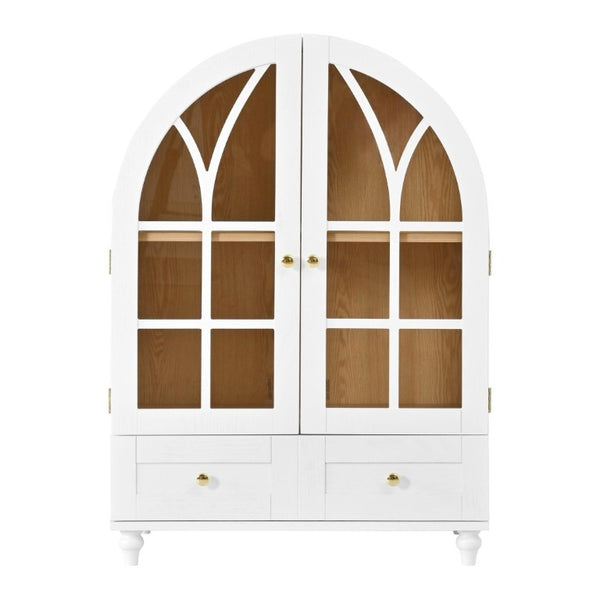 English Elm Arched Tempered Glass Display Cabinet Natural Wood Grain Finish with Drawer for Living Room White W1693P501766