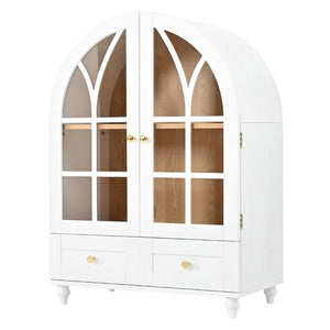 English Elm Arched Tempered Glass Display Cabinet Natural Wood Grain Finish with Drawer for Living Room White W1693P501766
