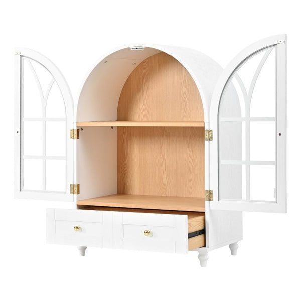 English Elm Arched Tempered Glass Display Cabinet Natural Wood Grain Finish with Drawer for Living Room White W1693P501766