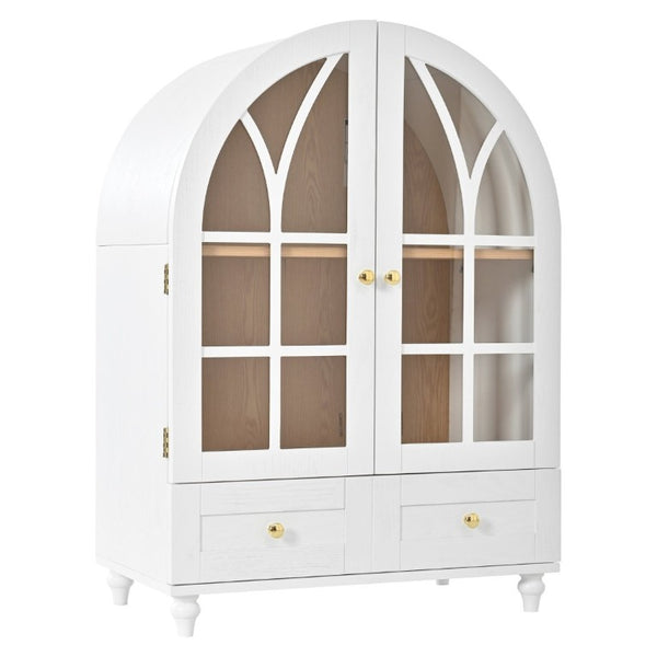 English Elm Arched Tempered Glass Display Cabinet Natural Wood Grain Finish with Drawer for Living Room White W1693P501766