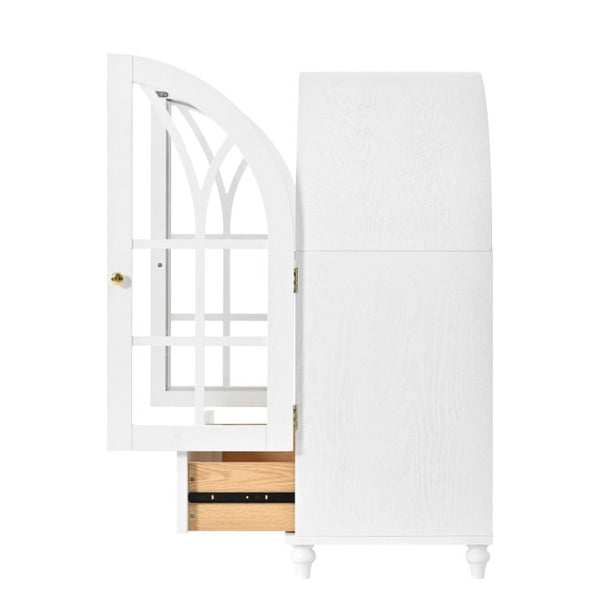 English Elm Arched Tempered Glass Display Cabinet Natural Wood Grain Finish with Drawer for Living Room White W1693P501766