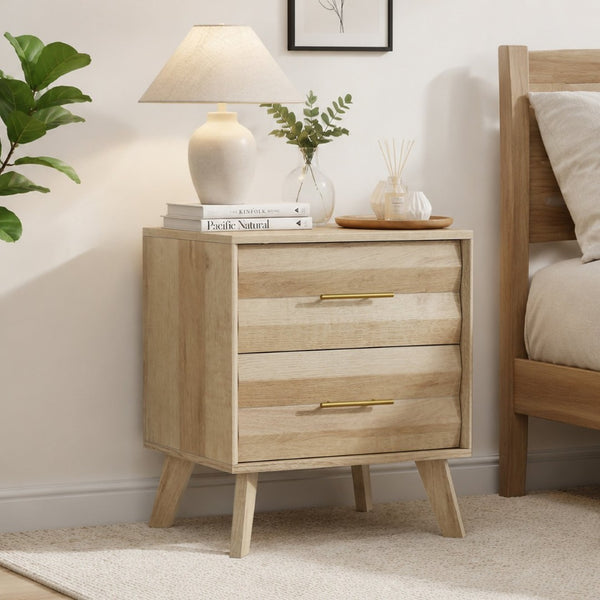 English Elm Oak-Colored Two Drawer Nightstand with Pine Legs and Metal Handles for Modern Bedrooms W1706P511738