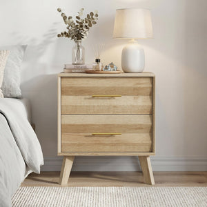English Elm Oak-Colored Two Drawer Nightstand with Pine Legs and Metal Handles for Modern Bedrooms W1706P511738