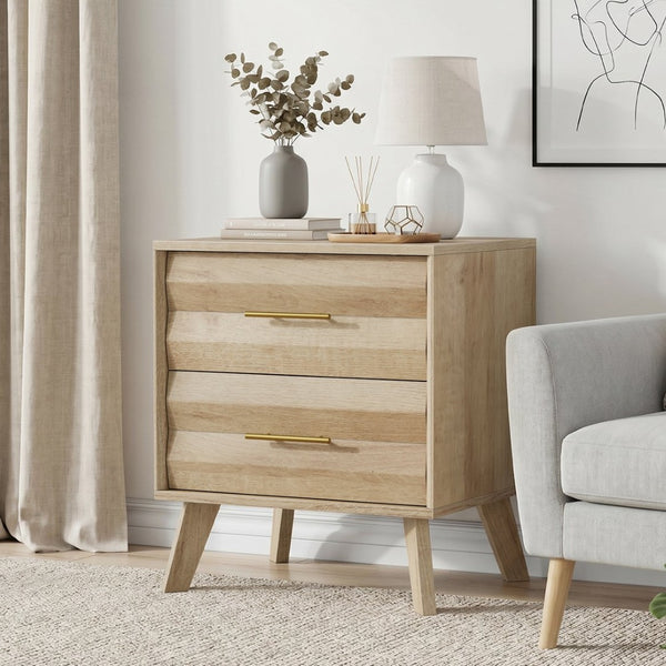 English Elm Oak-Colored Two Drawer Nightstand with Pine Legs and Metal Handles for Modern Bedrooms W1706P511738