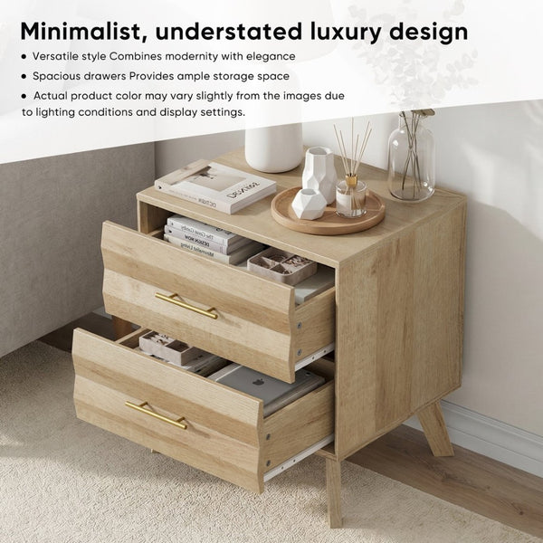 English Elm Oak-Colored Two Drawer Nightstand with Pine Legs and Metal Handles for Modern Bedrooms W1706P511738