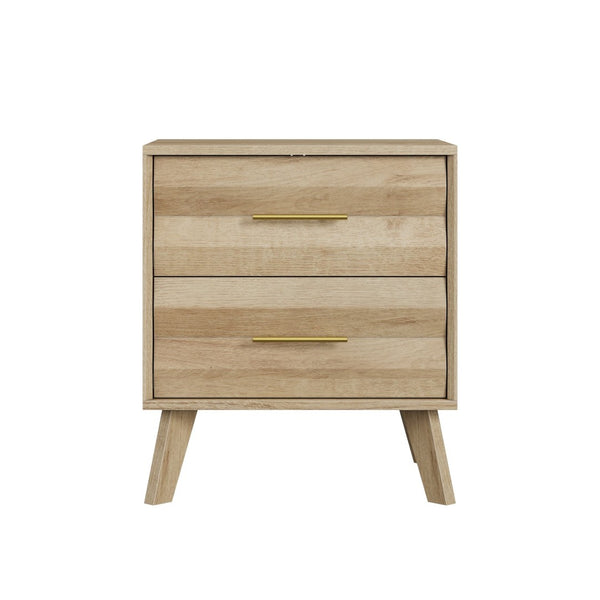 English Elm Oak-Colored Two Drawer Nightstand with Pine Legs and Metal Handles for Modern Bedrooms W1706P511738