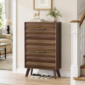 English Elm 23.6-inch Slim Entryway Shoe Cabinet Oak Finish Scandinavian Style Tilt-out Storage Walnut W1706P511739