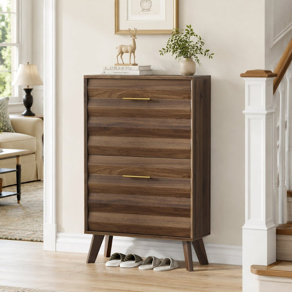 English Elm 23.6-inch Slim Entryway Shoe Cabinet Oak Finish Scandinavian Style Tilt-out Storage Walnut W1706P511739
