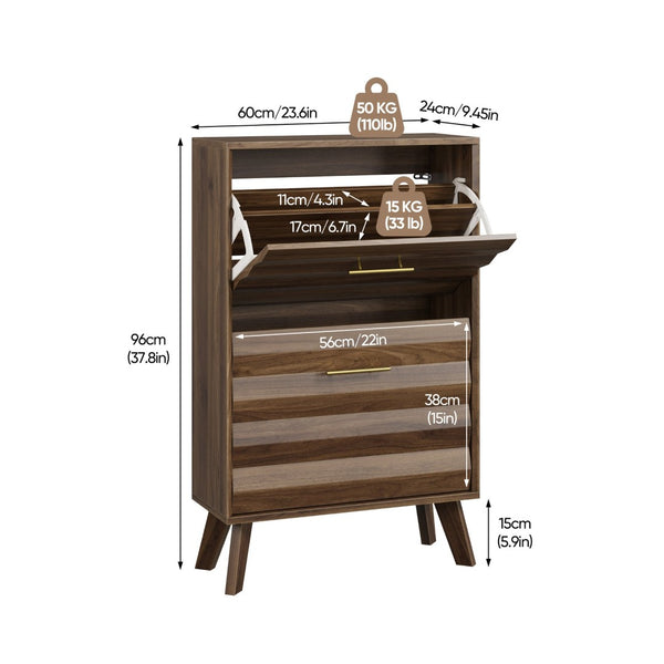 English Elm 23.6-inch Slim Entryway Shoe Cabinet Oak Finish Scandinavian Style Tilt-out Storage Walnut W1706P511739