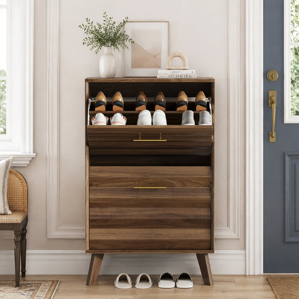English Elm 23.6-inch Slim Entryway Shoe Cabinet Oak Finish Scandinavian Style Tilt-out Storage Walnut W1706P511739
