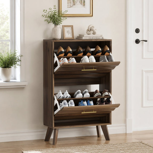 English Elm 23.6-inch Slim Entryway Shoe Cabinet Oak Finish Scandinavian Style Tilt-out Storage Walnut W1706P511739