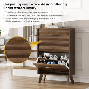 English Elm 23.6-inch Slim Entryway Shoe Cabinet Oak Finish Scandinavian Style Tilt-out Storage Walnut W1706P511739