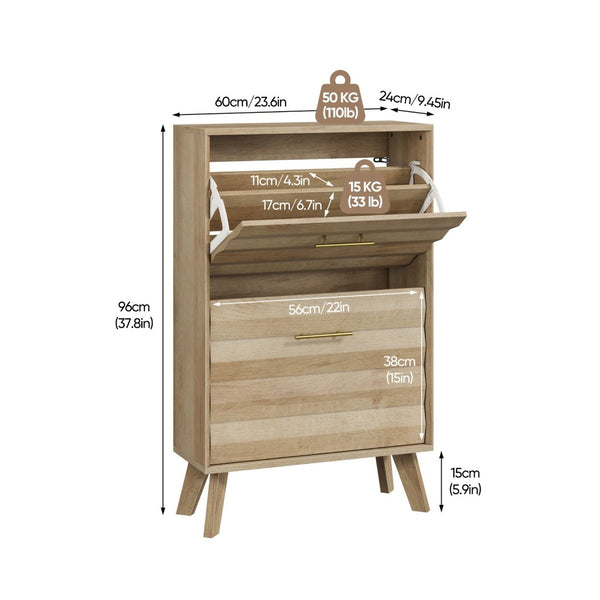 English Elm 23.6-inch Slim Entryway Shoe Cabinet Oak Finish Scandinavian Style Tilt-out Storage Oak W1706P511740